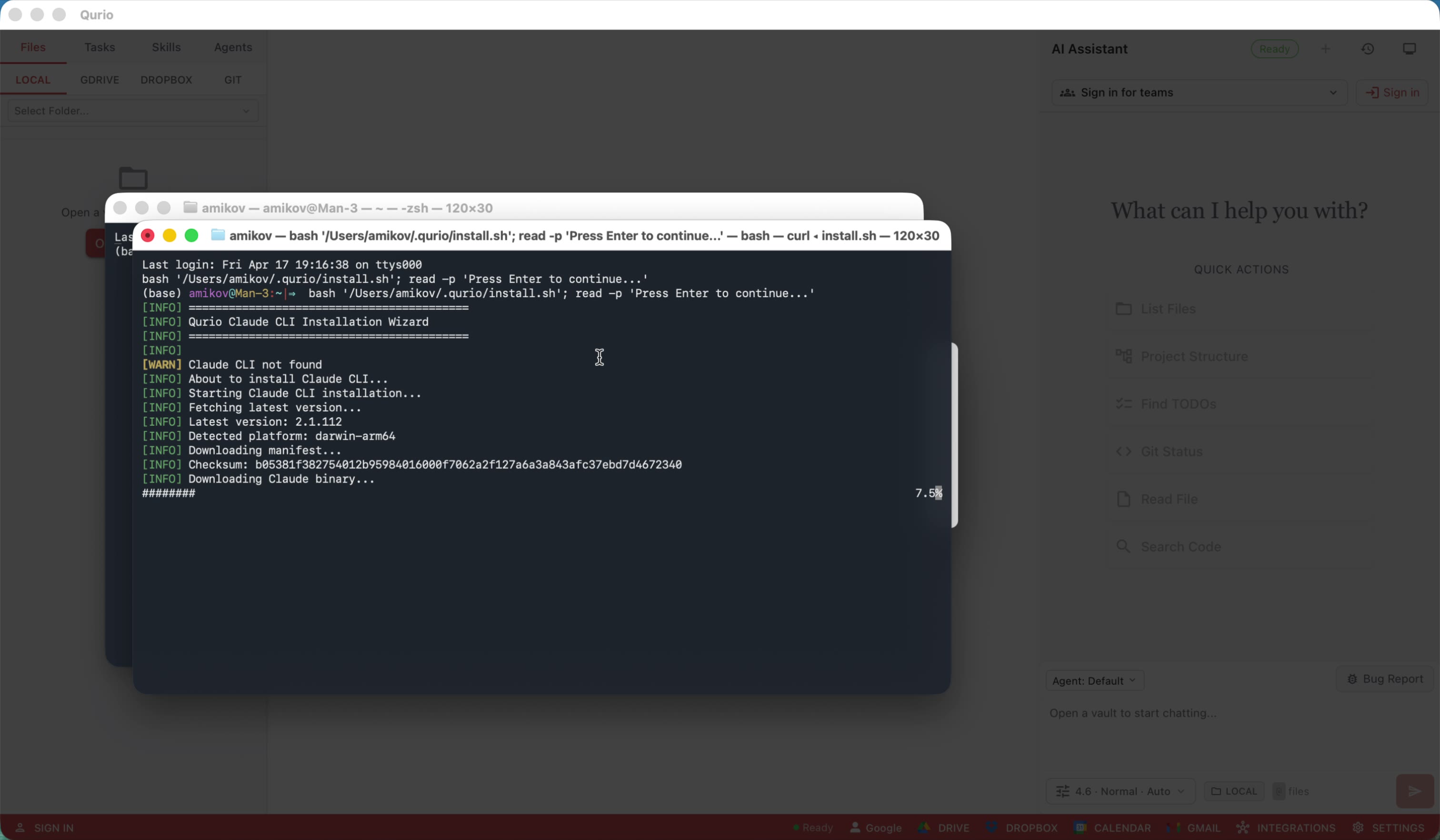 Claude Code CLI is not detected — Qurio offers to download and install it for you.