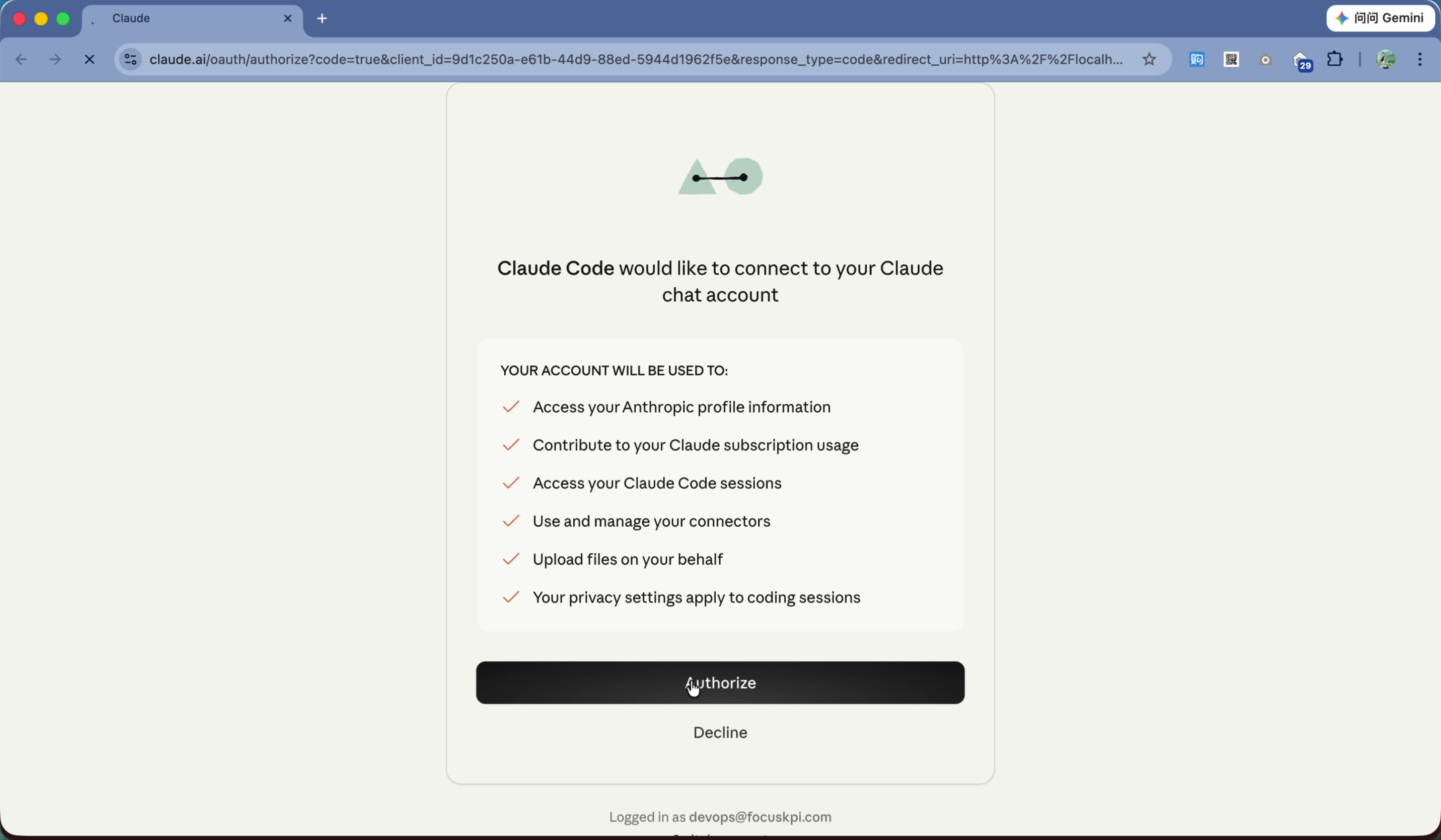 Finish the authorization inside your browser.