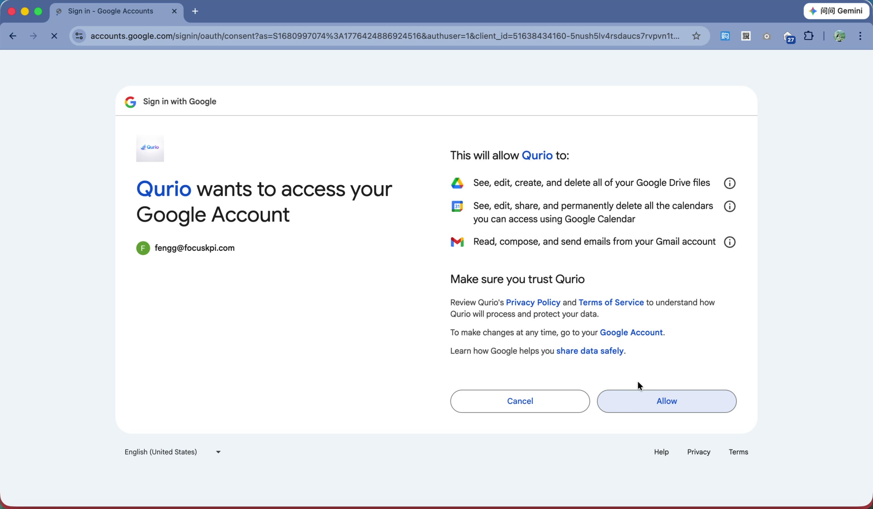Click Allow to grant Qurio access to your Drive.