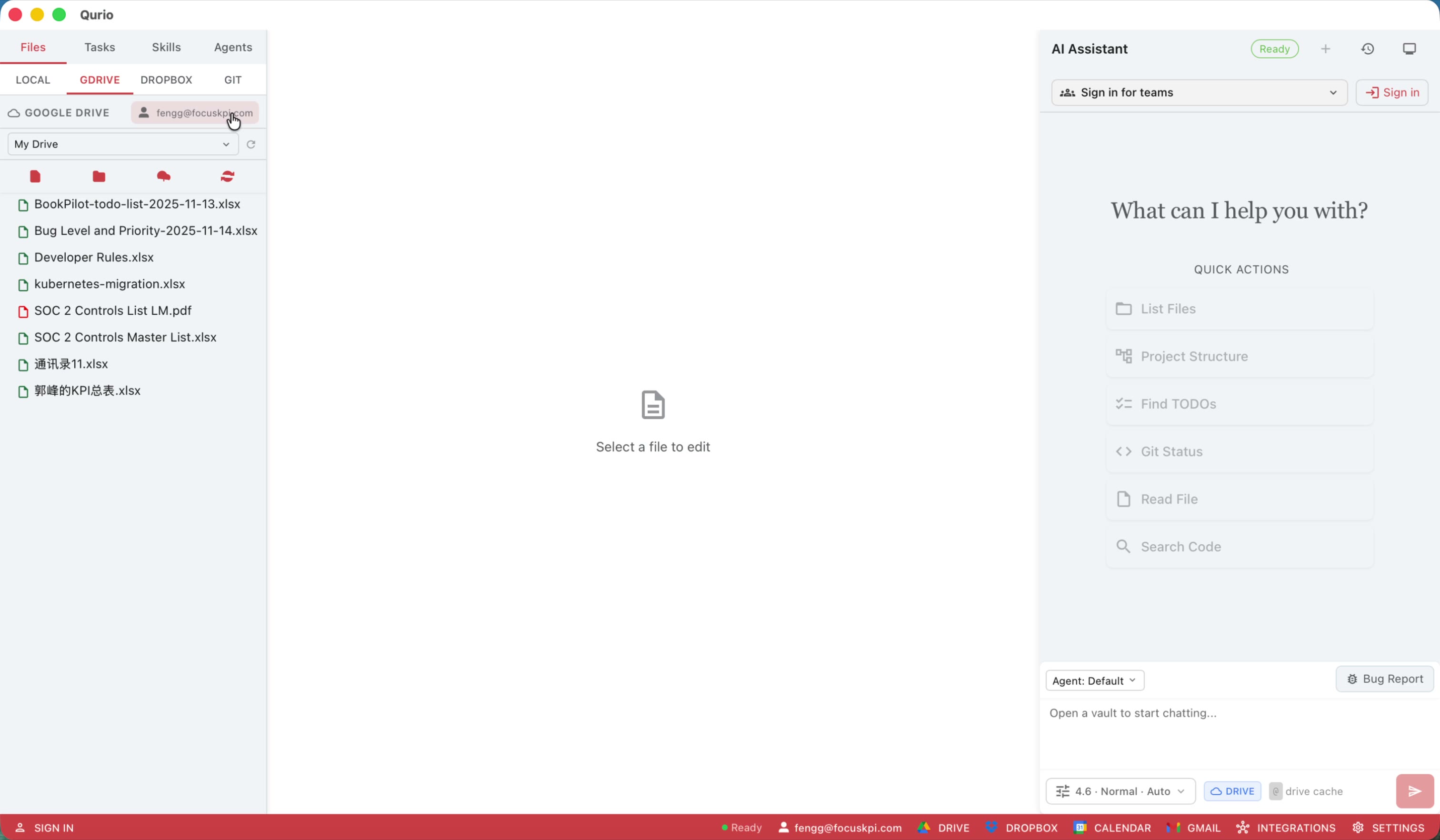 After a moment the files load. Click the authorized email again to manage accounts.