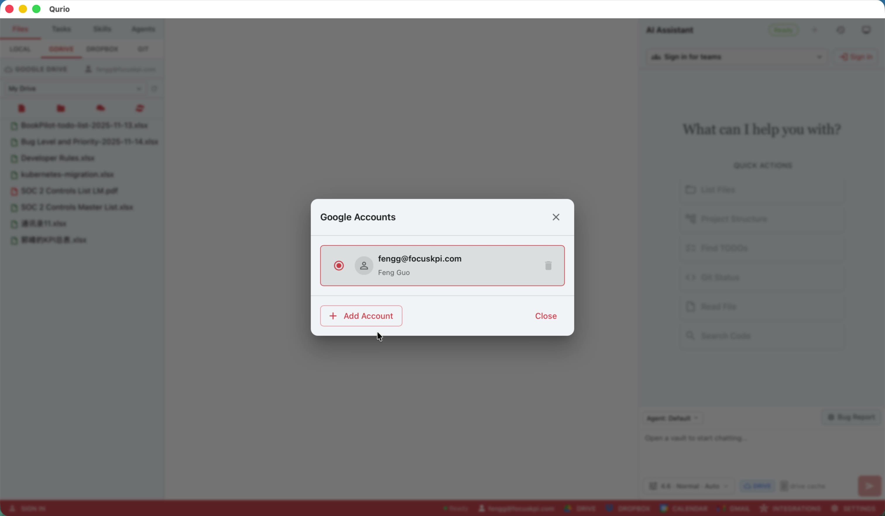 Click Add Account to connect another Google account.