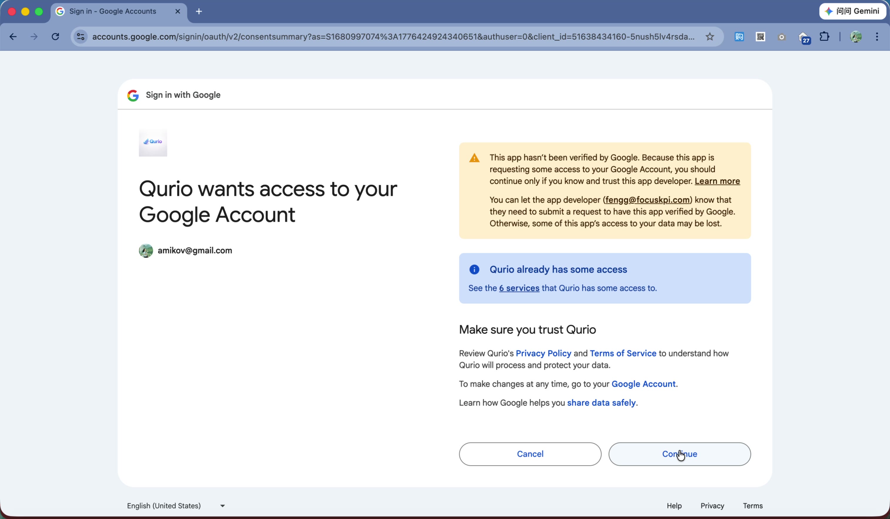Click Continue once more to confirm permissions.