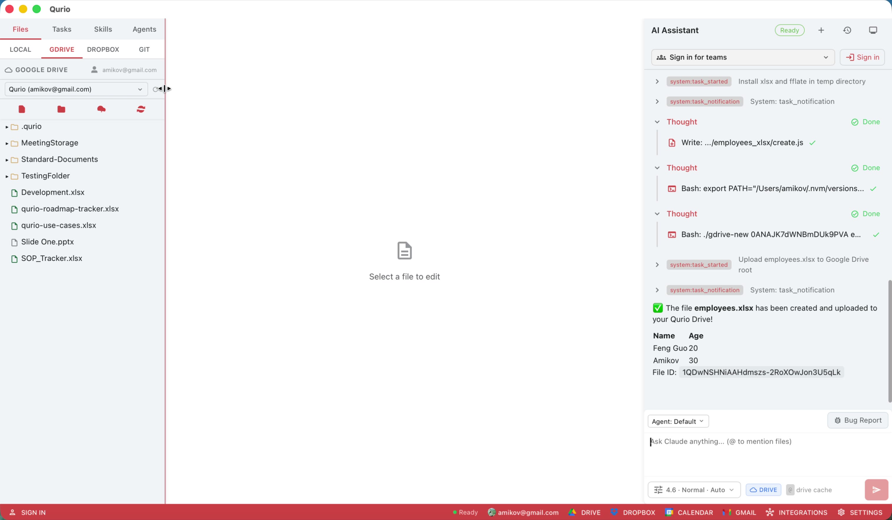 Claude has finished — an Excel document is created.