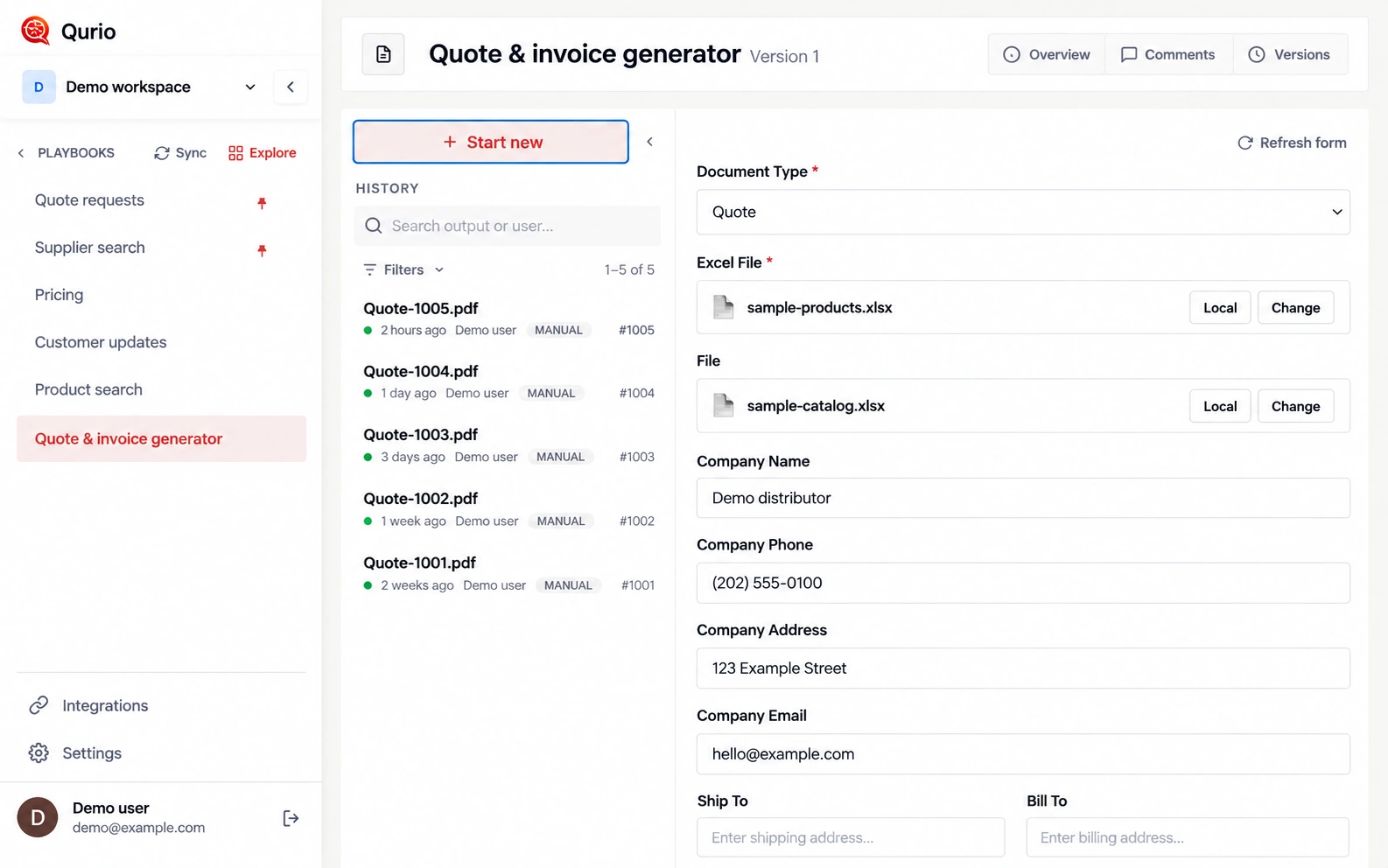 Qurio demo workspace showing quote and invoice generation.